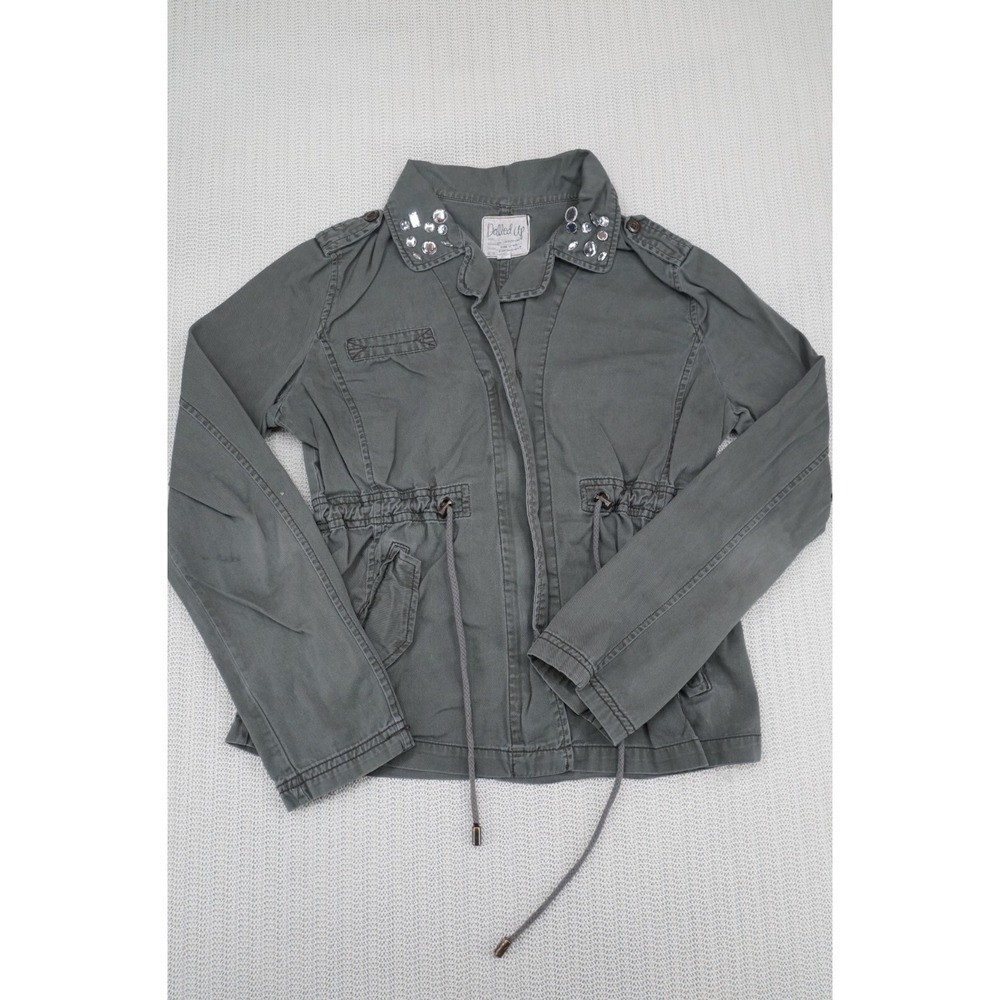 Dolled Up Military Field Jacket Womens Medium Green Full Zip Jeweled Collar